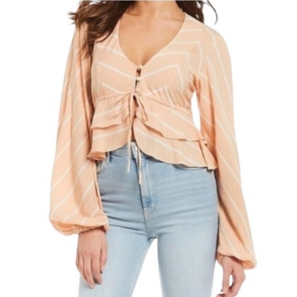 Free People Samifran Ruffle Button Down Orange Peach Cropped Boho Top Small